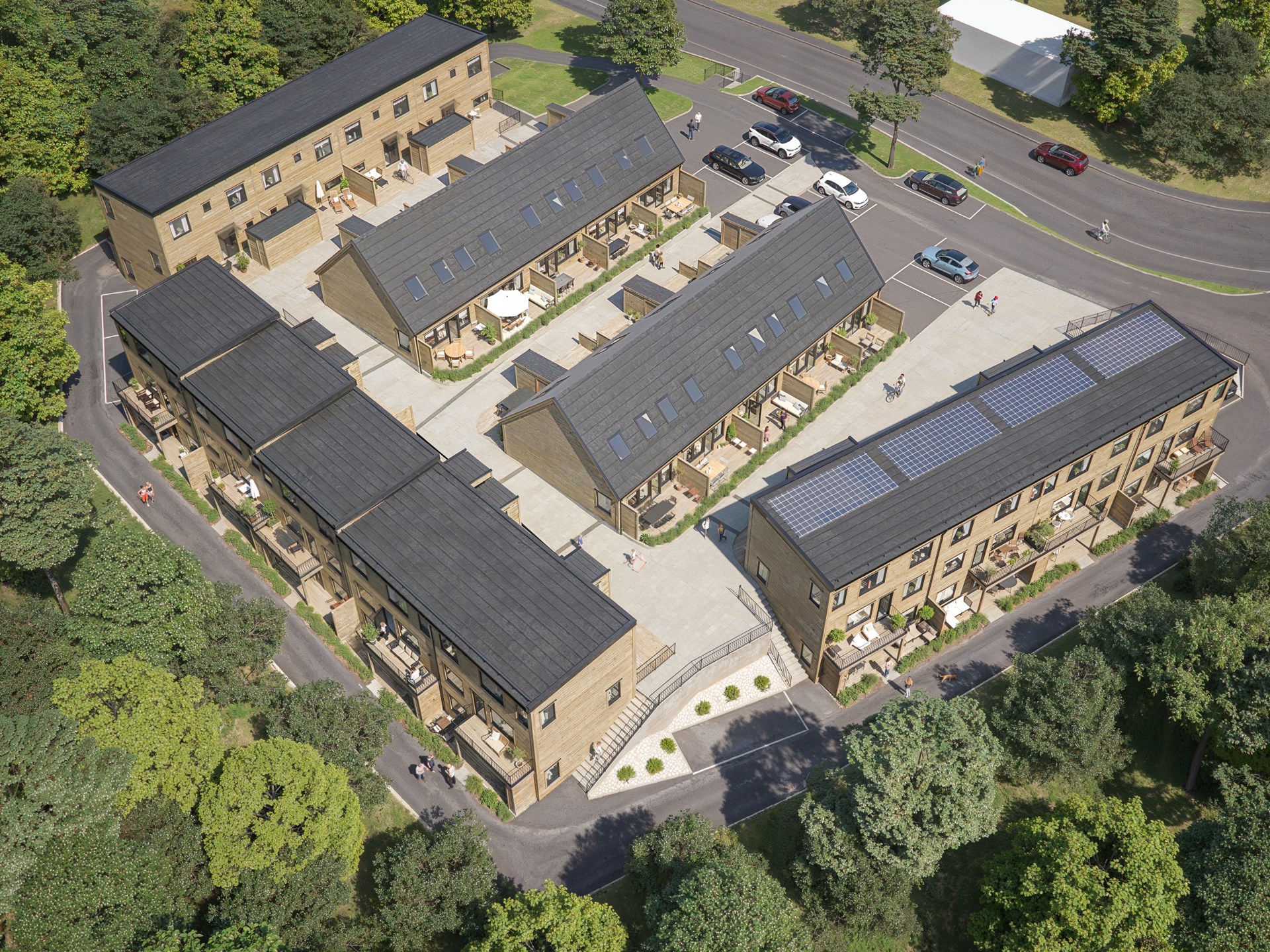 Prisvärt och modernt – med stor uteplats i lummig parkmiljö.